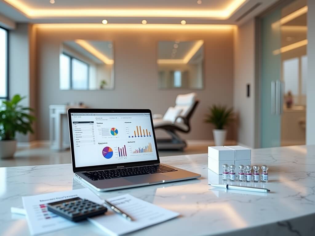 "Modern aesthetic medical clinic reception with an open MacBook Pro displaying financial charts, injectable products and brochures on the desk, and luxurious spa interior in the background."