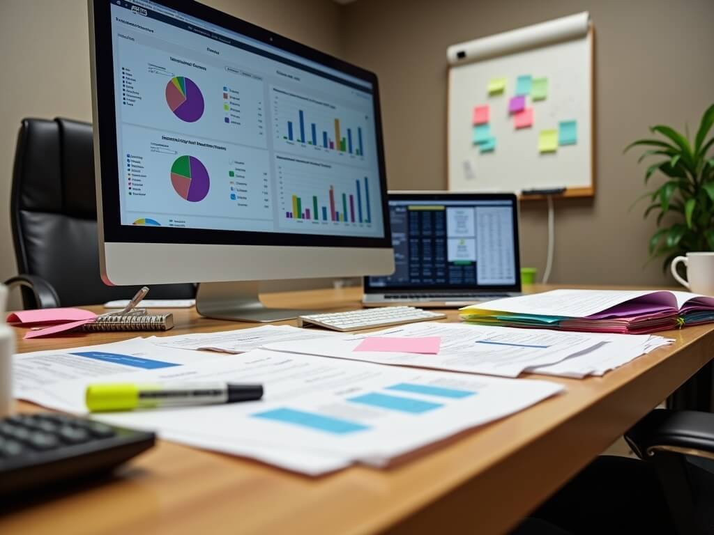 Executive desk in a med spa back office during a bookkeeping audit, displaying financial reports, computer metrics, a calculator, and color-coded files. Background hints of modern decor, whiteboard, and filing cabinet.