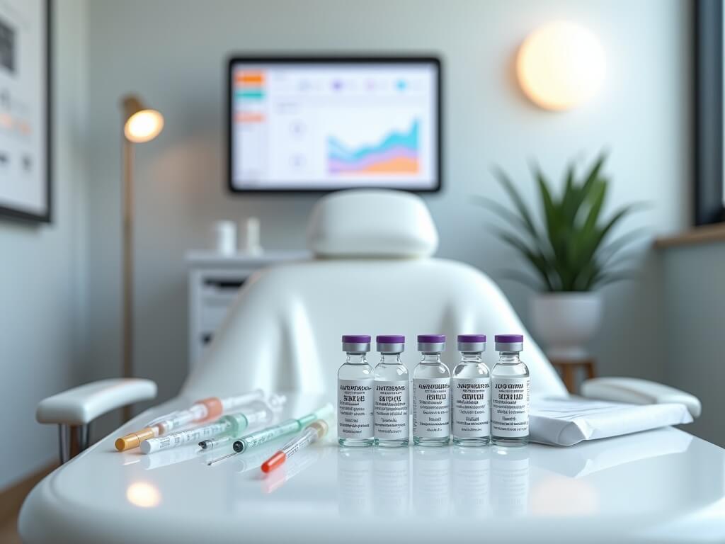 Modern, high-end aesthetic clinic treatment room featuring a white chair, medical-grade counters with fillers, syringes, vials, and gloves. Background includes tablet with financial software and minimalist decor.