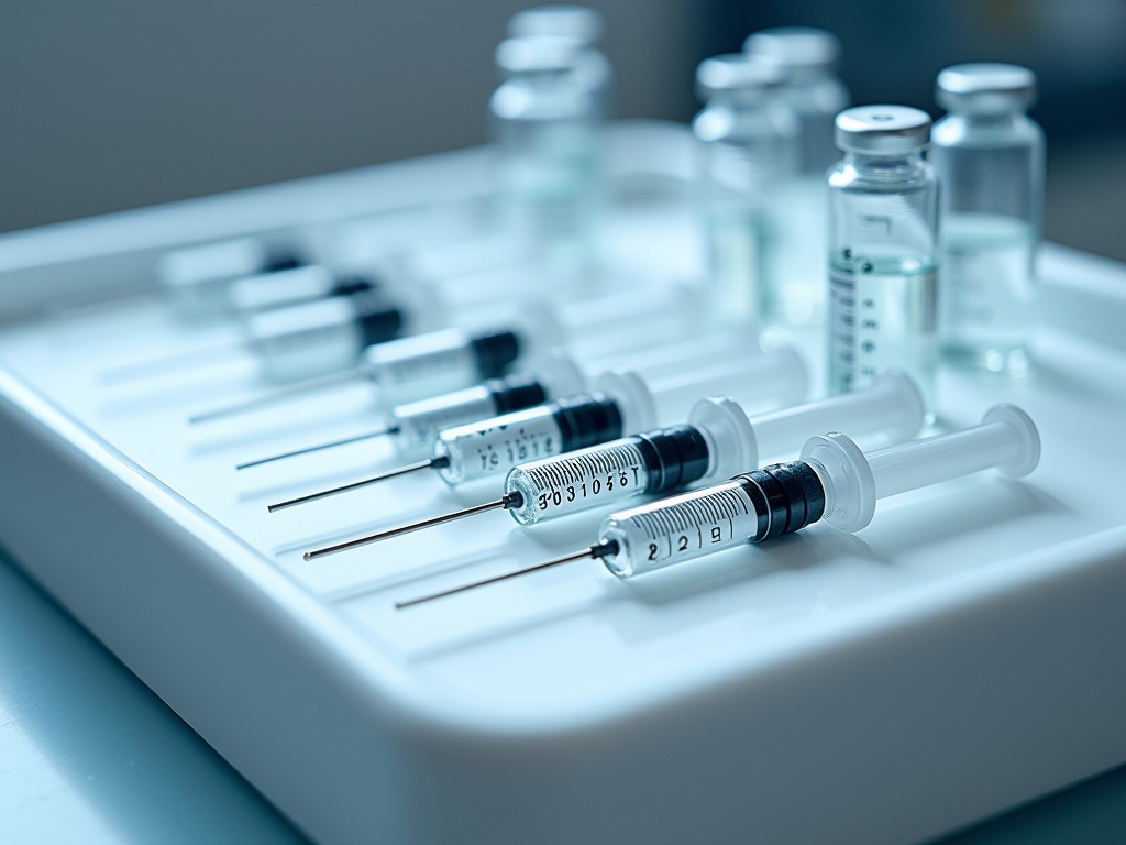 Close-up image of unused Botox and dermal filler syringes arranged on a sterile tray, displaying precise measurements, in a pristine medical environment with slightly blurred background.