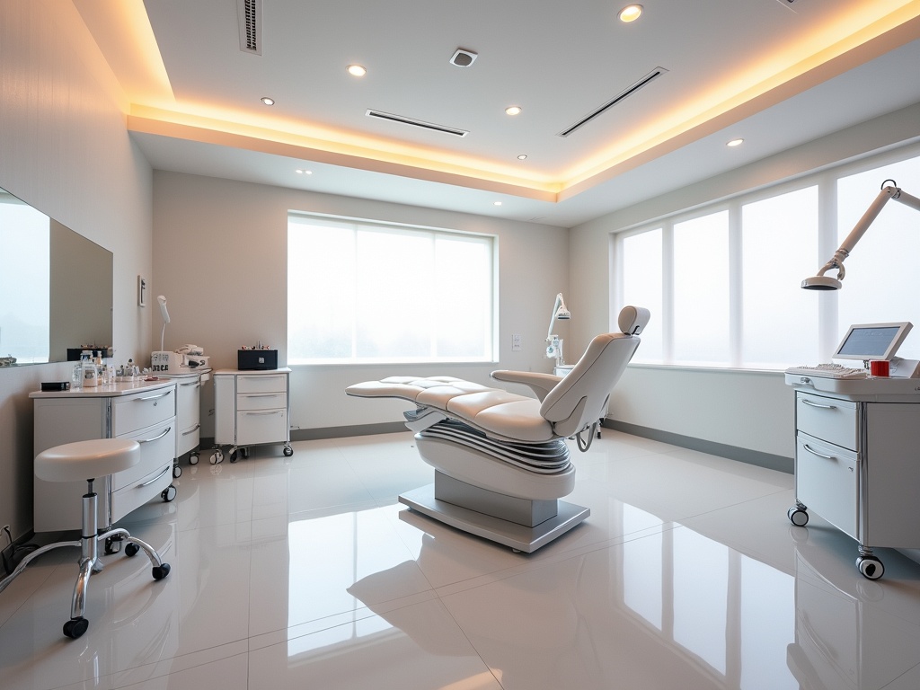 Modern, high-end medical spa treatment room with sleek white chairs, expensive laser equipment, polished medical-grade flooring, and floor-to-ceiling windows.