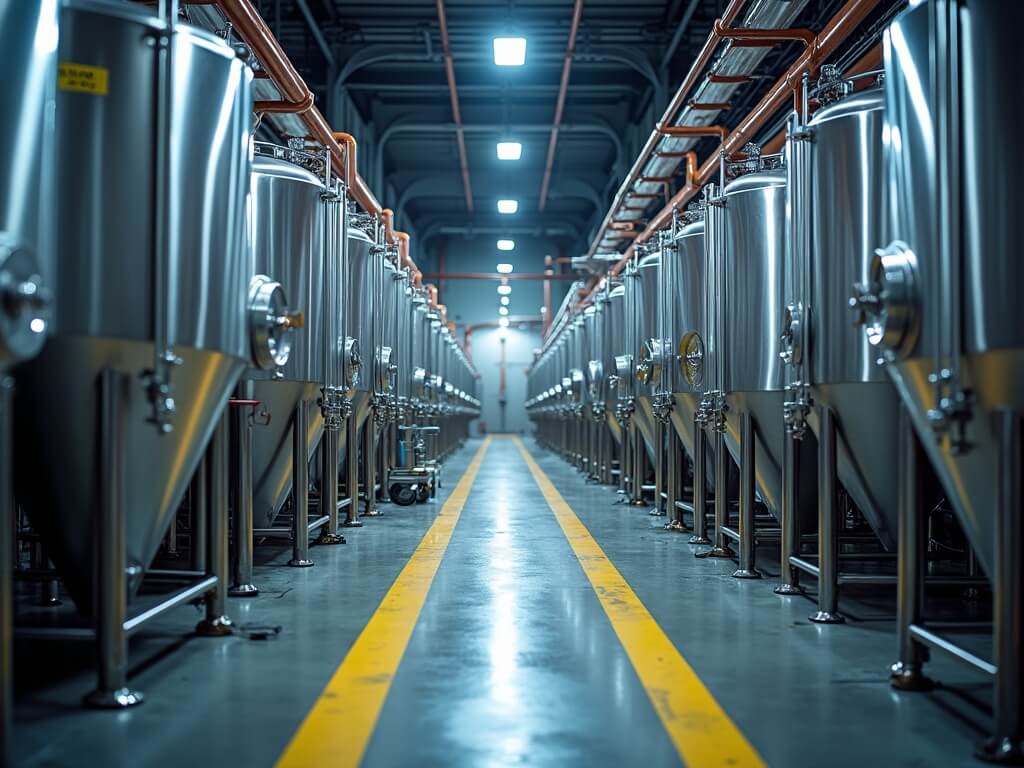 Bird's-eye view of a mid-sized brewery's stainless steel fermentation tanks and packaging process within a bonded zone, subtly showcasing compliance-critical installation details and operational workflow.