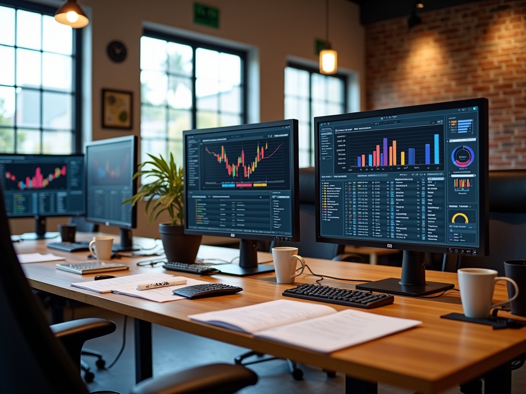 Brewery office workspace featuring multiple monitors with data dashboards, paperwork, brewing tools, and ergonomically designed furniture, showcasing the blend of traditional brewing and modern technology.