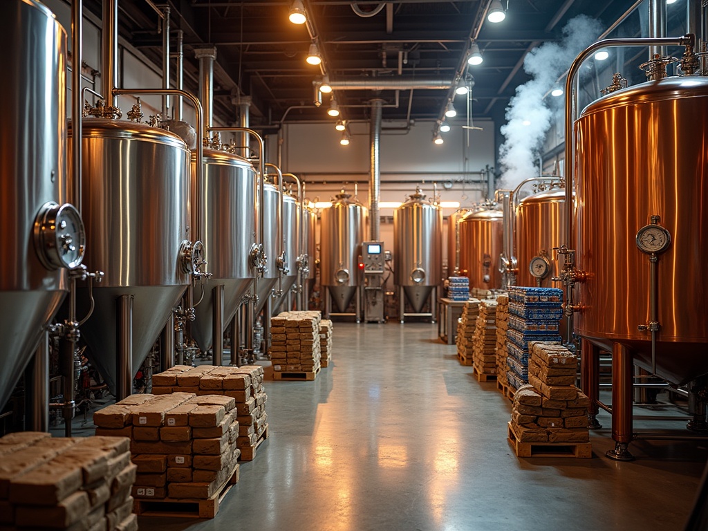 Interior view of a bustling brewery during peak production season, showcasing stainless steel fermentation tanks, copper kettles, stacked pallets, brewing equipment and digital inventory systems.