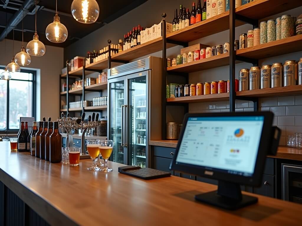 High-detail image of a craft brewery taproom's bar inventory management, featuring stacked rows of distinct cans and bottles, background with full kegs in partially open cooler, POS terminal with blurred interface, SKU scanner, and tasting glassware. Shot with a Nikon D850.