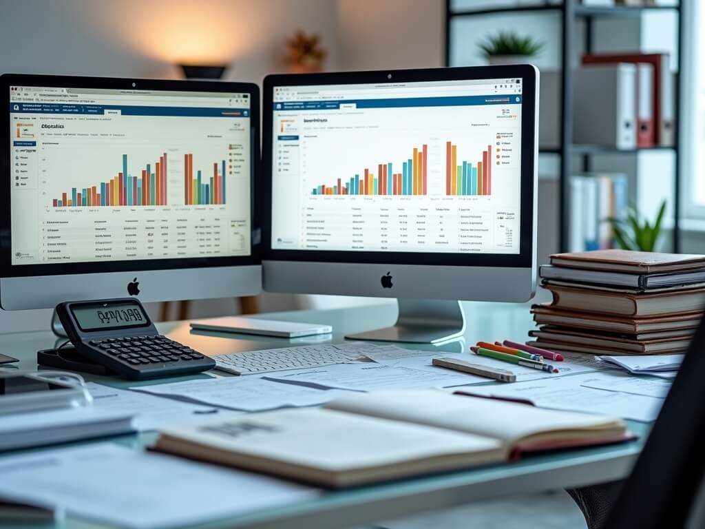 "Modern accounting office workspace featuring dual monitors with ecommerce analytics dashboards, organized financial documents, a slick glass desk with smartphone showing tax compliance notifications, and professional lighting."