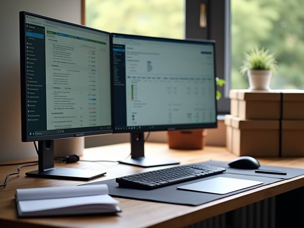 Professional home office setup for ecommerce bookkeeping with dual monitors, mechanical keyboard, ledger books, and neatly organized cables, light filtering through a window.