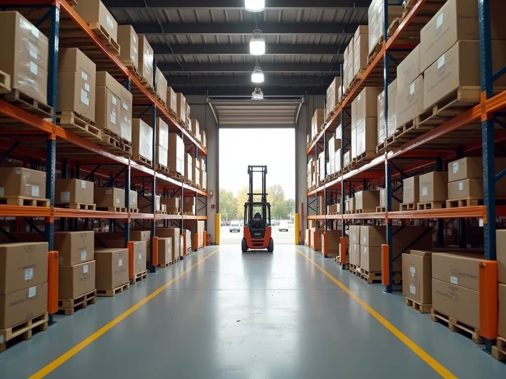 Large warehouse interior with rows of shelves filled with boxed products, forklift in aisle, and loading dock in the distance, illustrating multi-location ecommerce inventory management.