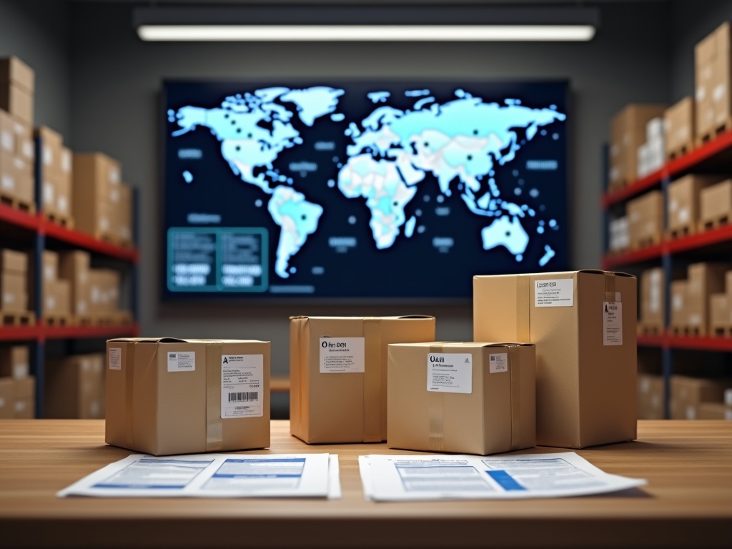 International ecommerce operations center with package tracking map, customs documents in focus, and blurry warehouse inventory in background.