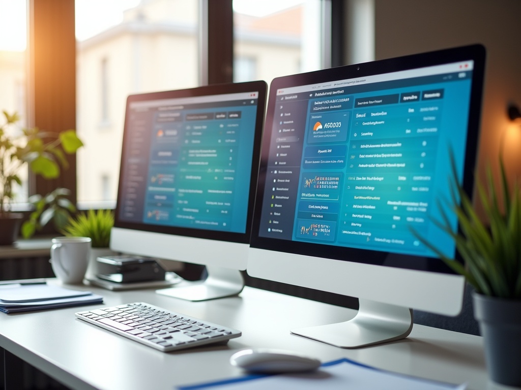 Modern and professional office setup featuring dual-monitor desktop display of colorful sales tax filing dashboard and compliance calendars; shot under natural window lighting; includes blurred office supplies and coffee cup in the foreground.