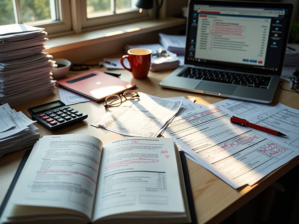 "Overhead view of a cluttered desk during tax season, scattered with financial documents, rental forms, receipts, property ledgers, glasses, pen and a laptop displaying negative cash flow reports."