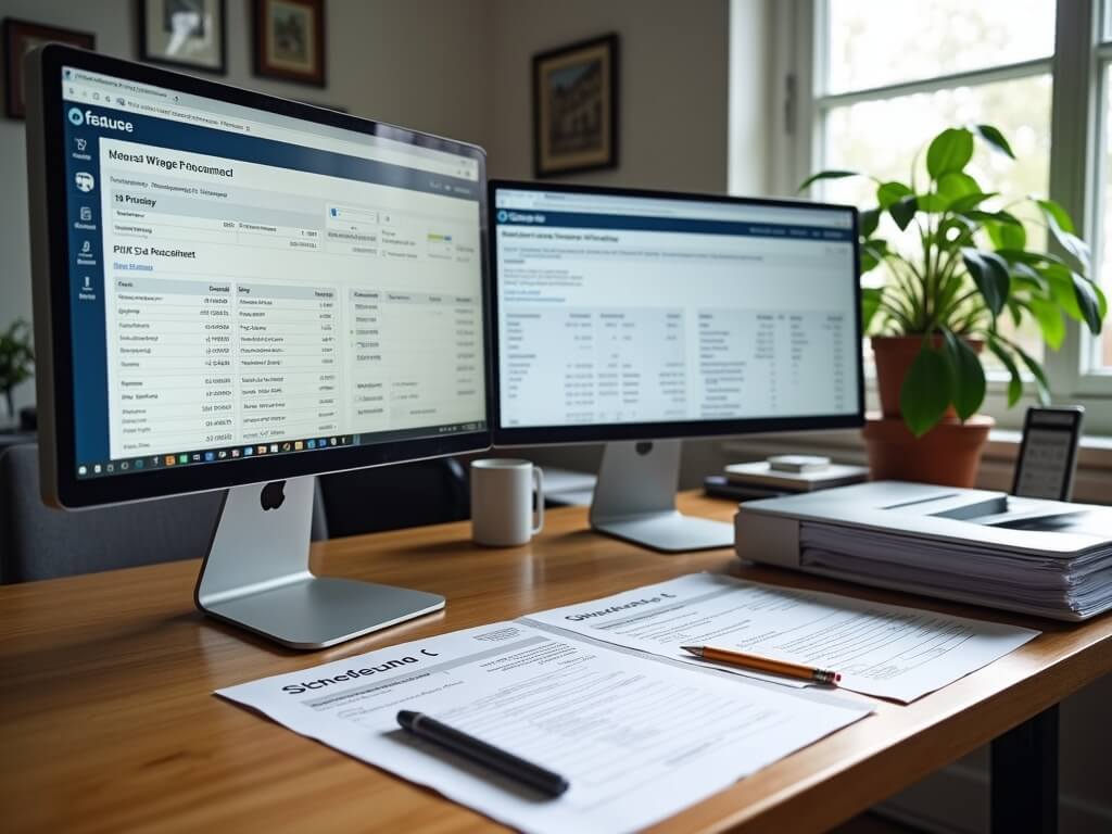 Professional property manager's accounting workspace during tax season with open accounting software, MacBook Pro, HP printer, organized documents, open tax form, and a potted ficus in background.