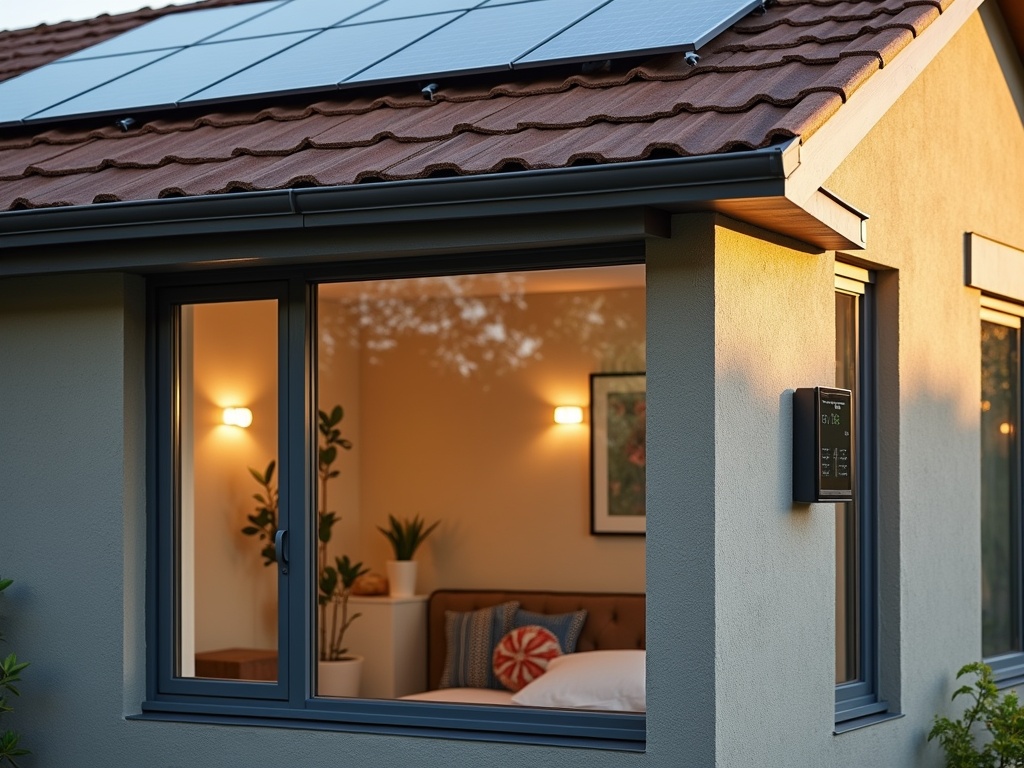 Modern eco-friendly building featuring solar panels, energy-efficient windows, smart thermostat, and sustainable materials, bathed in warm golden hour light.
