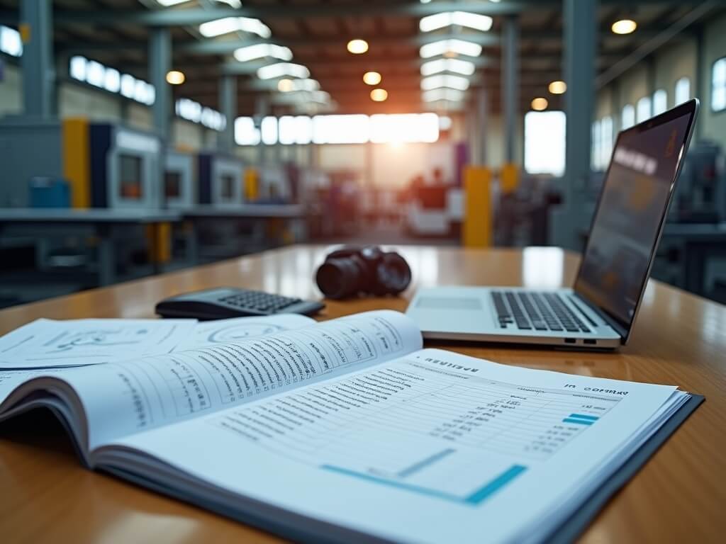 "Financial administration desk in a modern manufacturing facility with open ledgers, laptop showing ERP dashboard, and view of the production floor through large windows."