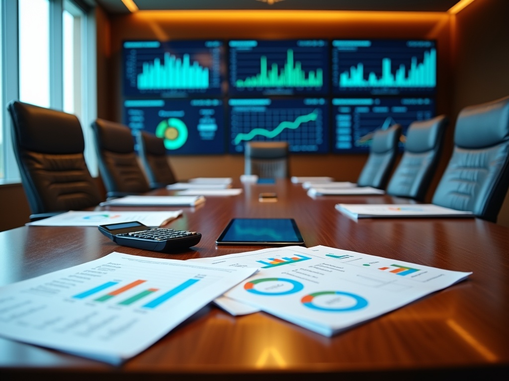 Modern office conference room with financial documents and digital analytics on display, bathed in warm and natural lighting, indicating a financial review meeting in progress.
