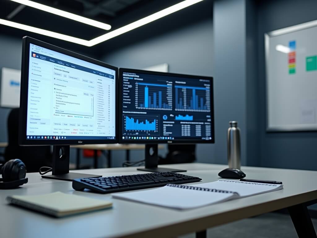 Modern manufacturing accounting office with dual-monitor setups displaying cloud-based inventory dashboards, highlighting automated bookkeeping in manufacturing.