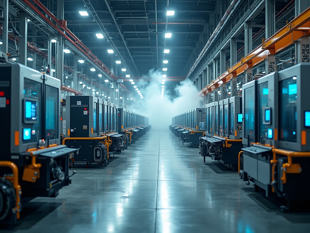 Modern industrial manufacturing facility with multiple CNC machines, automated conveyor belts and digital metrics displays; emphasizes on foreground equipment with shallow depth of field.