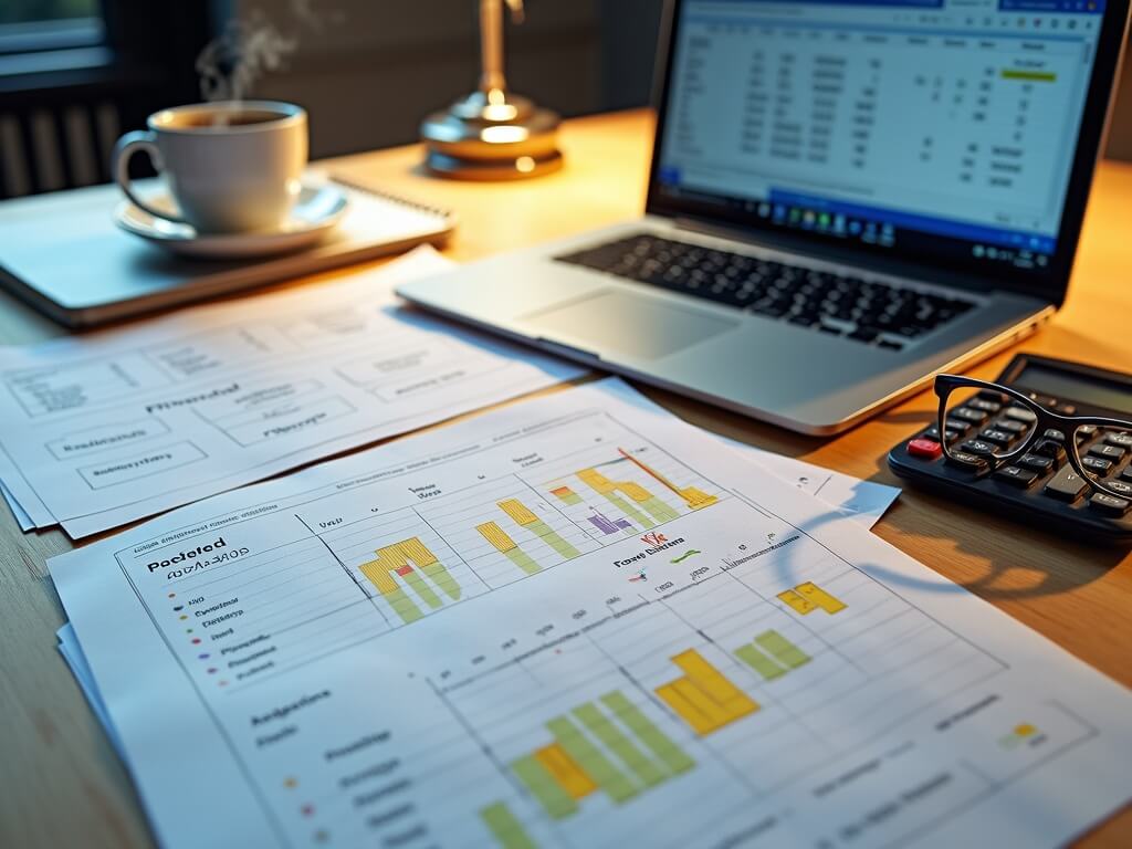 "Overhead view of a professional financial management desk with project folders, Gantt chart, time-tracking sheets, calculator, and laptop showing financial breakdown, enhanced by soft natural and LED task lighting."