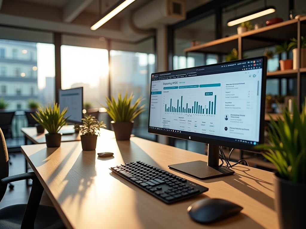 Modern startup-style office in Austin, Texas, featuring a central workstation with a PSA dashboard, glass meeting rooms, and minimalistic decor, illuminated by natural morning light.