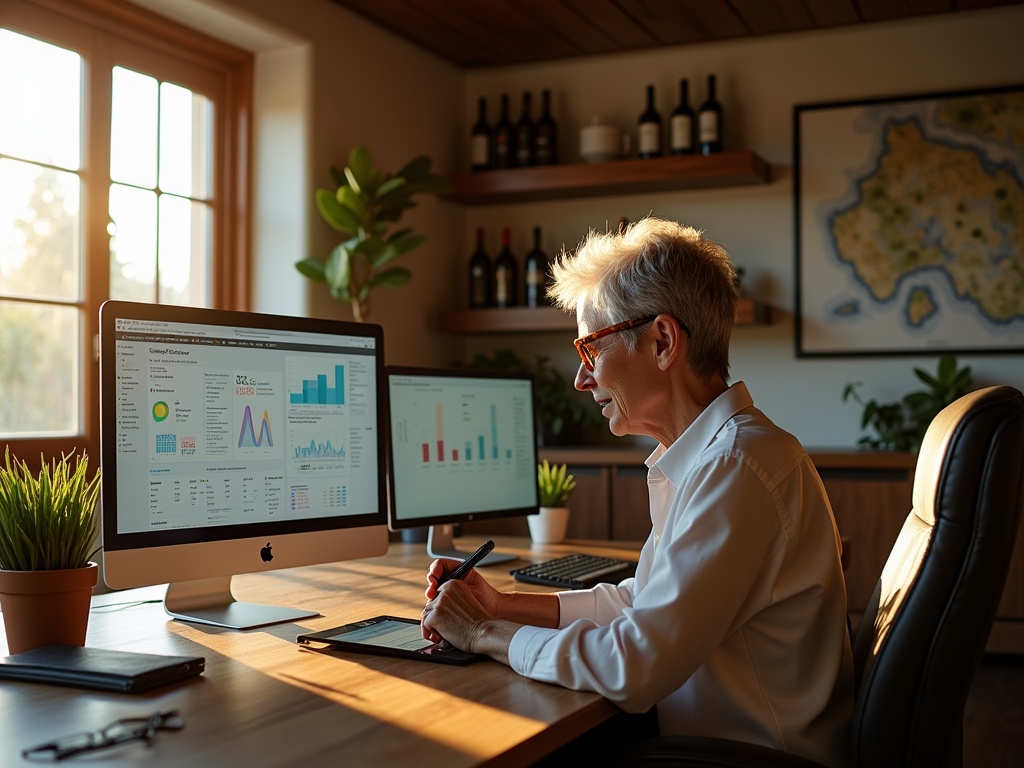 Late-40s female finance controller works on dual-monitor with financial dashboards and tablet at a boutique winery office, with framed vineyard maps, wine bottles and potted succulents in background, lit by golden-hour sunlight.