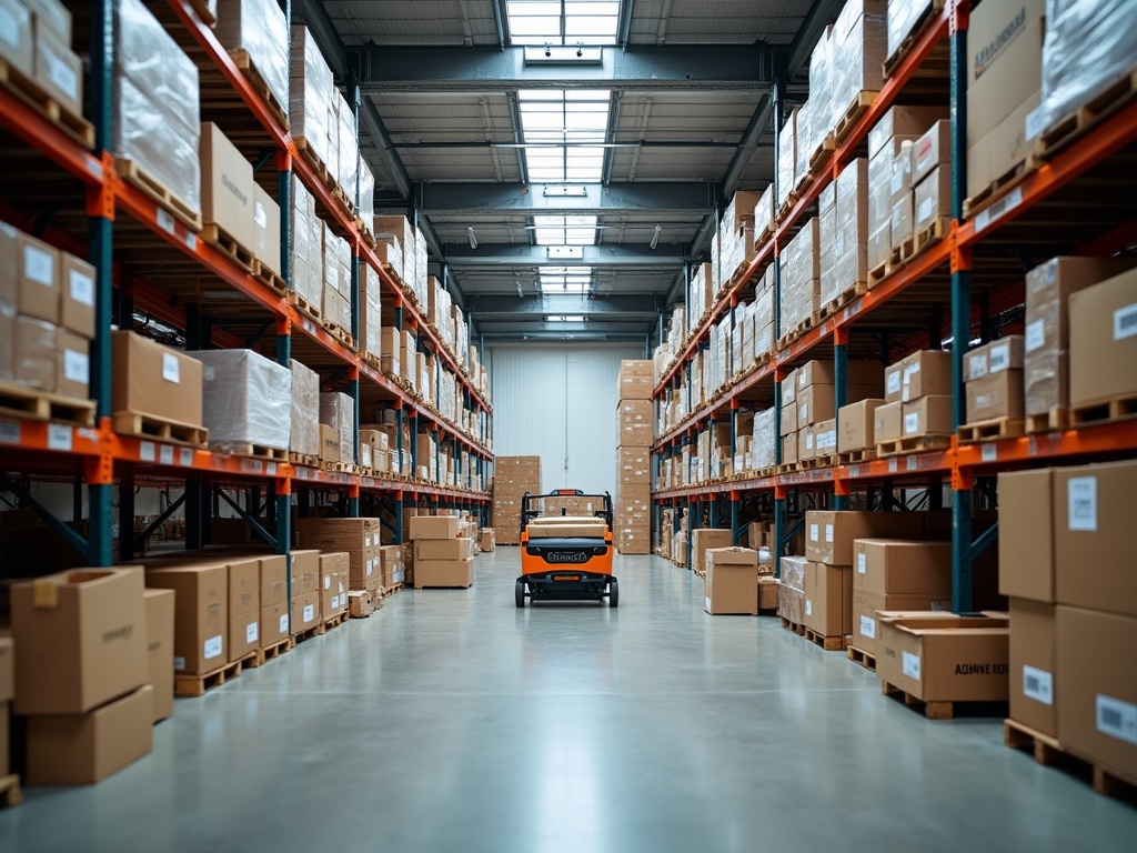 Ecommerce fulfillment warehouse with rows of neatly ordered products, an automated conveyor system, and packing stations, illuminated by natural and LED light