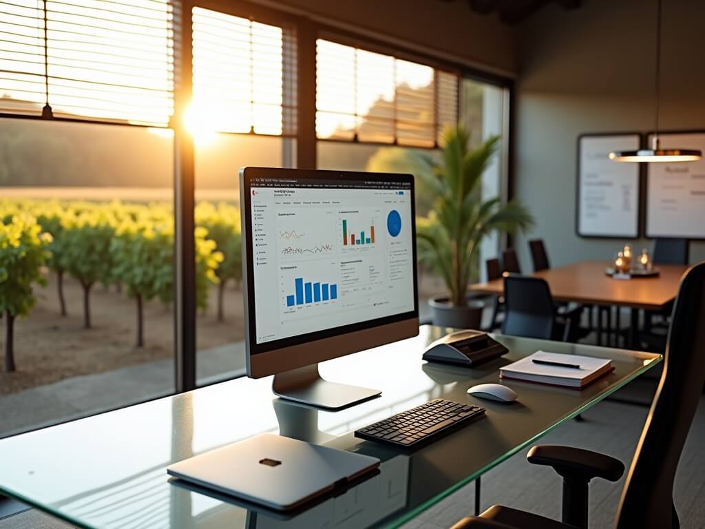 Modern winery office with vineyard view, digital accounting tools on a desk monitor, MacBook Pro, invoice scanner and conference room in the background.