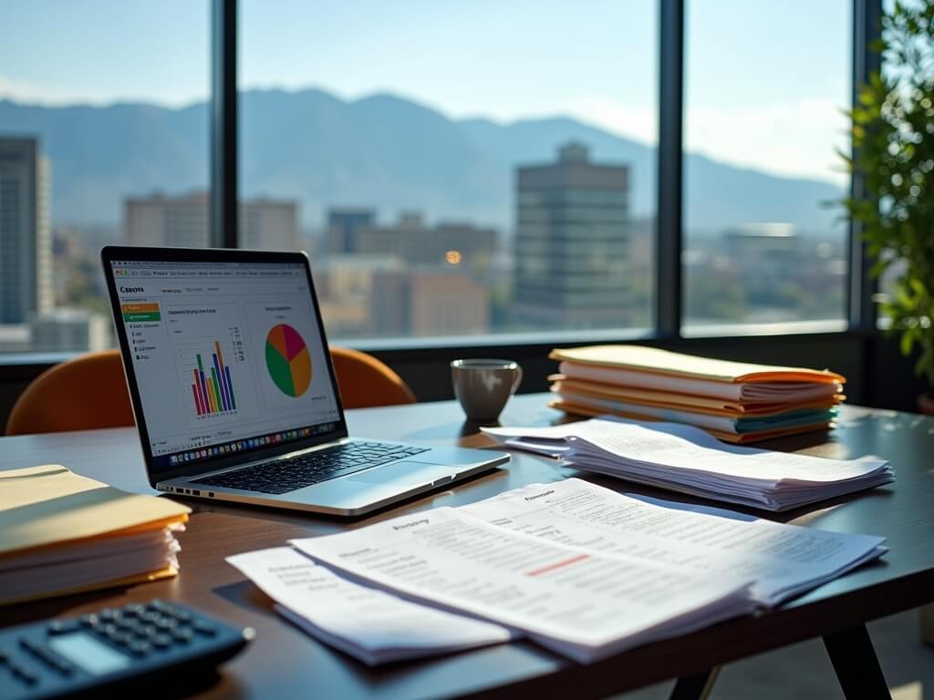"Professional business desk in a Denver office, featuring an open MacBook Pro with financial data, labeled folders, printed statements, a calculator, and a coffee mug, with downtown Denver and mountain range in the background."