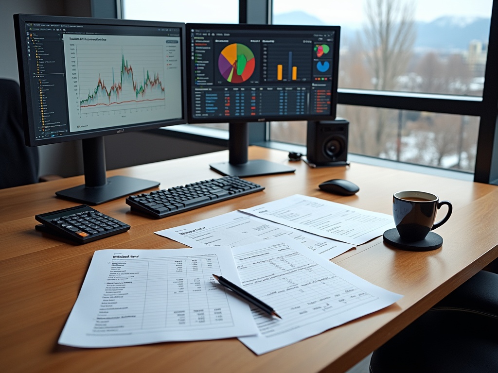 Overhead view of an organized Denver office desk with financial reports, dual-monitor with graphs, a calculator, espresso mug, and city high-rises in background.