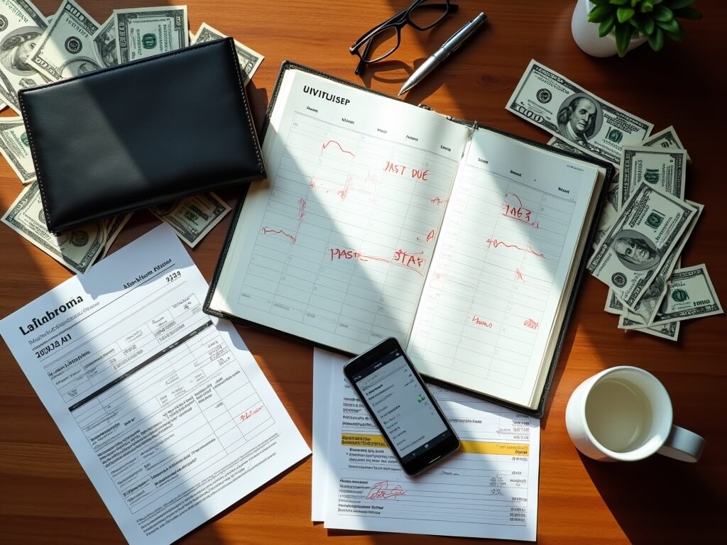 "Overhead view of stressed financial situation with calendar, scattered dollar bills, checkbook showing declining balance, unpaid invoices, and a phone displaying critically low bank account."