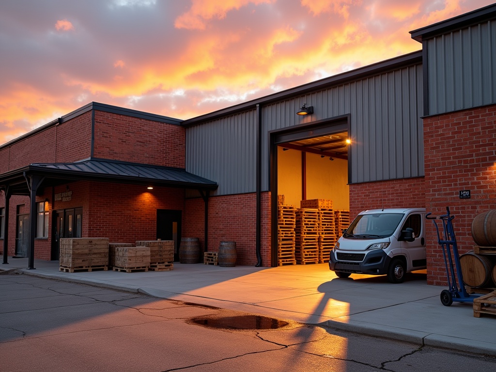 Boutique distillery warehouse in North Dallas with rustic-industrial design, empty wood pallets, aging barrels, and partially unloaded delivery van at sunset.