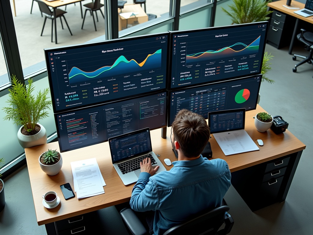 Overhead view of a financial control room in a high-end property management firm in Dallas, featuring a large digital dashboard with financial forecasts, modern workstations with multiple monitors, and a calm, productive ambiance.