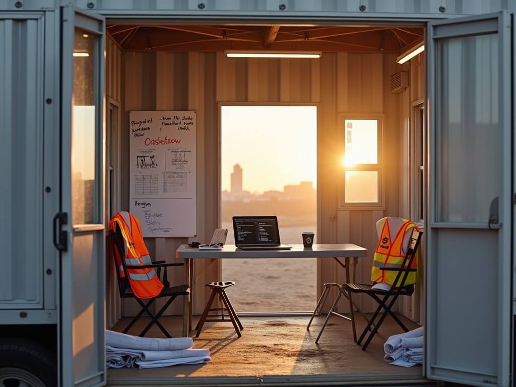 Mid-sized construction company's temporary office in North Dallas, filled with planning tools such as a whiteboard with cash forecasts, invoices, a laptop displaying forecast, and safety vests, with the Dallas skyline in the backdrop.