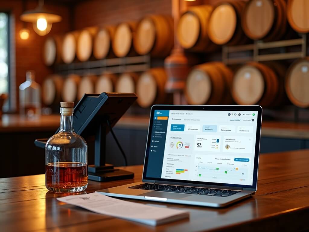 Artisan distillery interior with warm lighting reflecting off copper stills, oak barrels, and a modern point-of-sale terminal. A laptop displaying digital AR performance metrics, paper invoice with QR code and a hand-numbered whiskey bottle are in sharp focus.