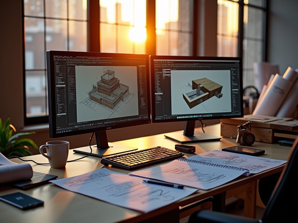 Overhead view of a cluttered architect's desk with dual monitors, floor plan sketches, a coffee cup, and smartphone during sunset, lit by golden-hour light through industrial windows.