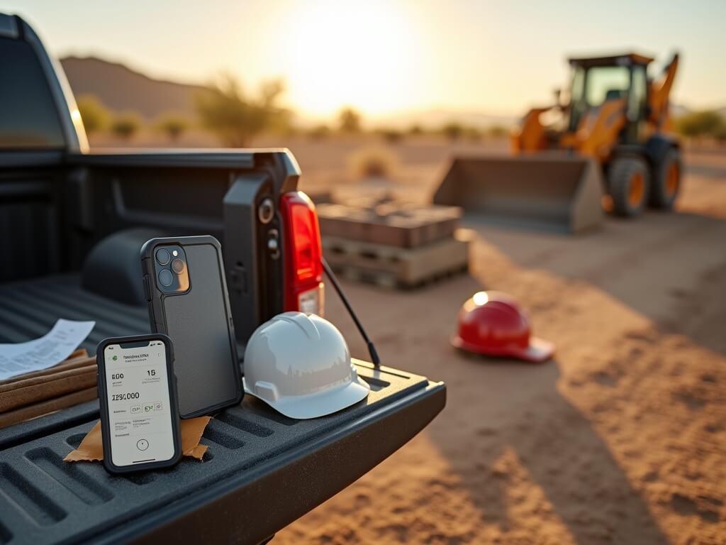 iPhone 15 Pro displaying mobile app for field time and expense tracking onsite at a construction project near Phoenix, atop a Toyota Tacoma pickup, amidst construction materials and scattered receipts.