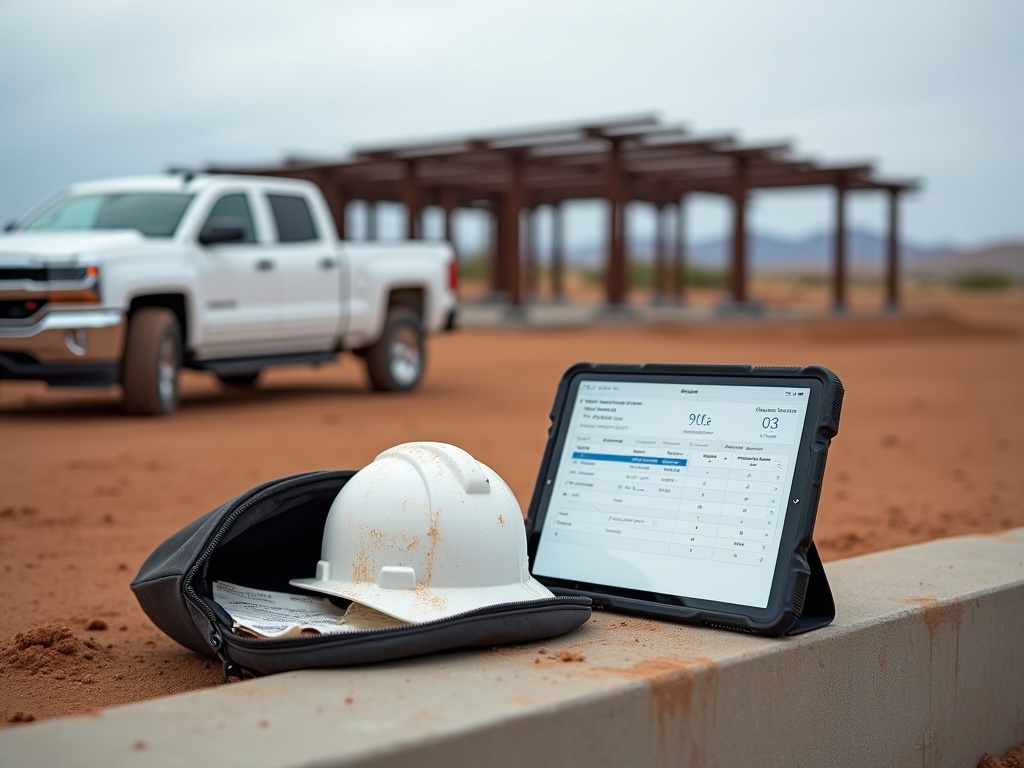 Early morning Arizona desert construction site with white pickup, steel I-beam framing, rugged tablet showing project tasks, hard hat and gas receipt, under overcast skies.