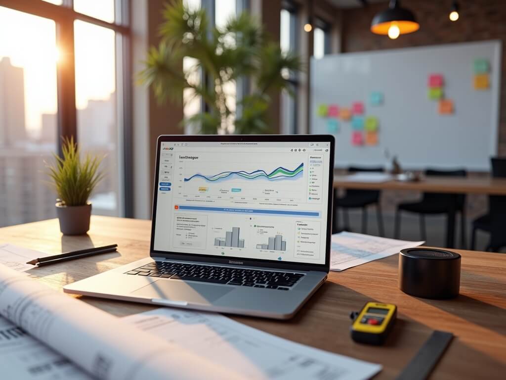 Modern architectural office in Denver with Apple MacBook Pro displaying real-time project timelines on desk among drafting tools, under midday sunlight streaming from floor-to-ceiling windows.