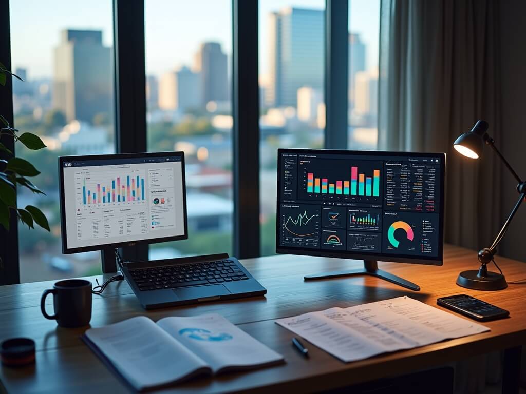 "Overhead view of a modern home office with a laptop displaying financial dashboards, an external monitor with Excel spreadsheets, documents, and a coffee mug on a walnut desk, in a room with a downtown Austin view."