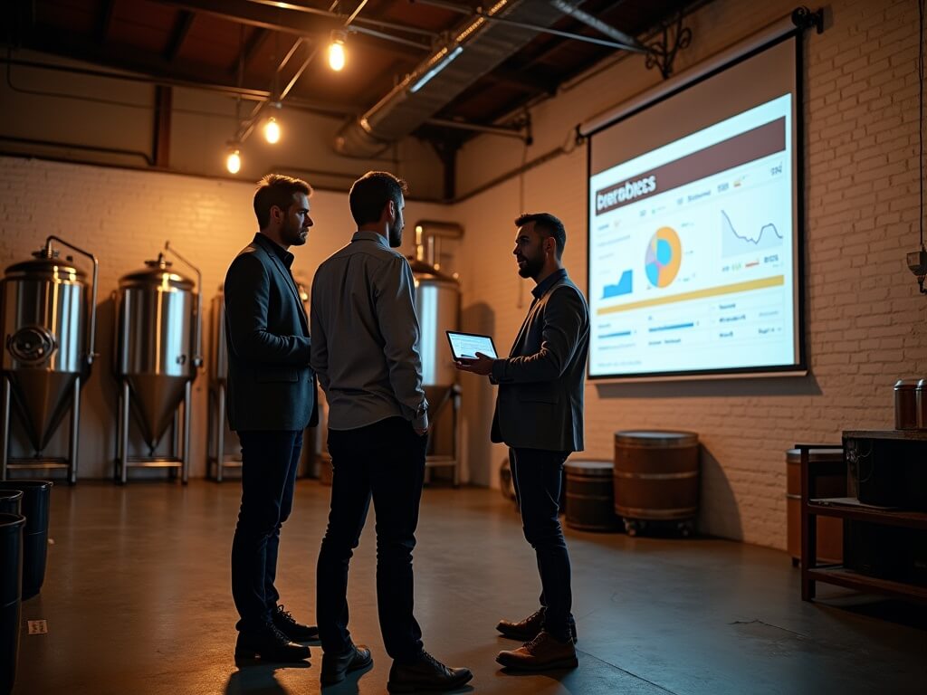 Fractional CFO discussing financial metrics with brewery operations manager in atmospheric, converted brewery warehouse office in Portland, Oregon; Canon EOS R5 shot.
