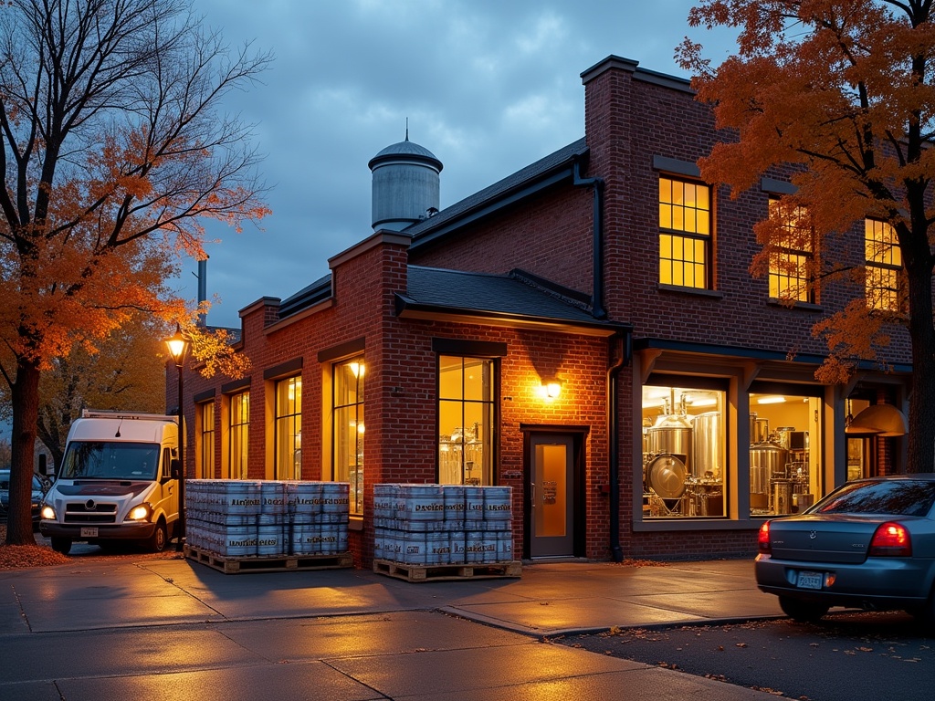 Early evening shot of a small craft brewery in Denver during autumn, with golden hour light highlighting a busy loading dock scene and interior brewing equipment.