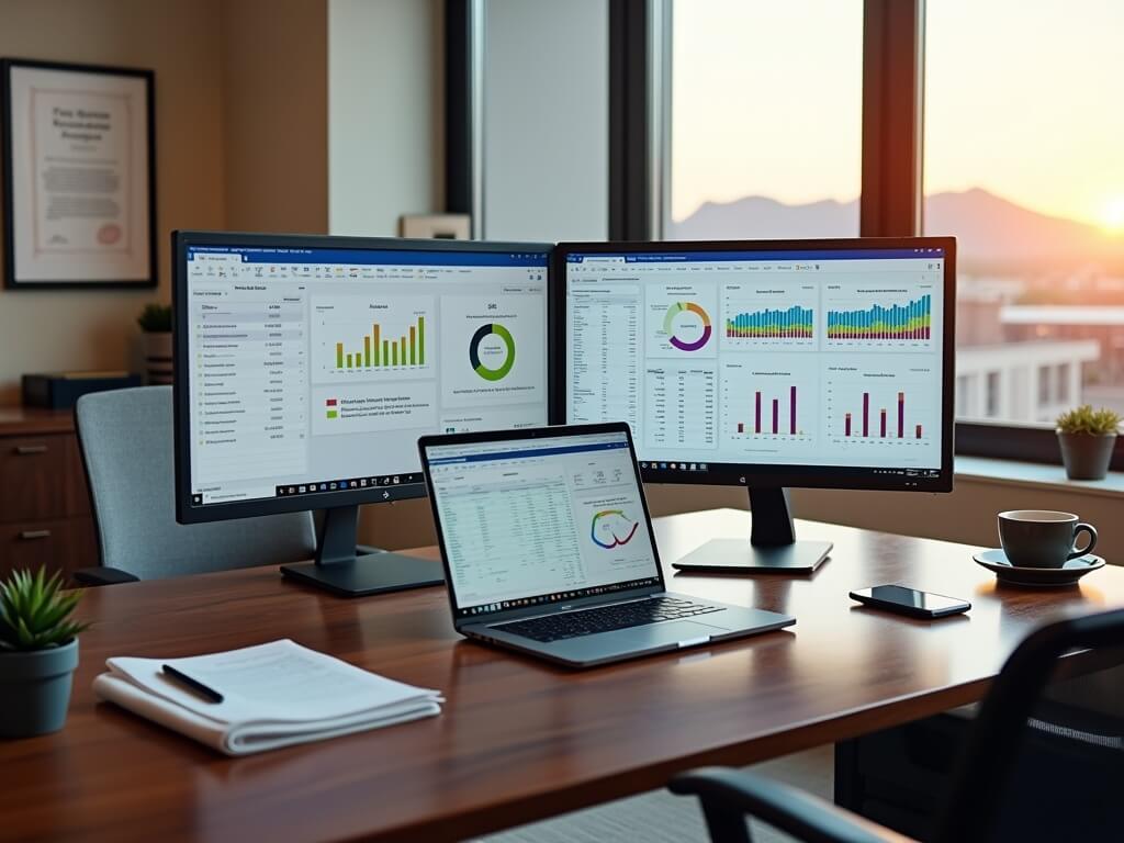 "Professional business workspace with dual monitors displaying financial data, open laptop with QuickBooks, organized work desk, and Phoenix skyline in the background."
