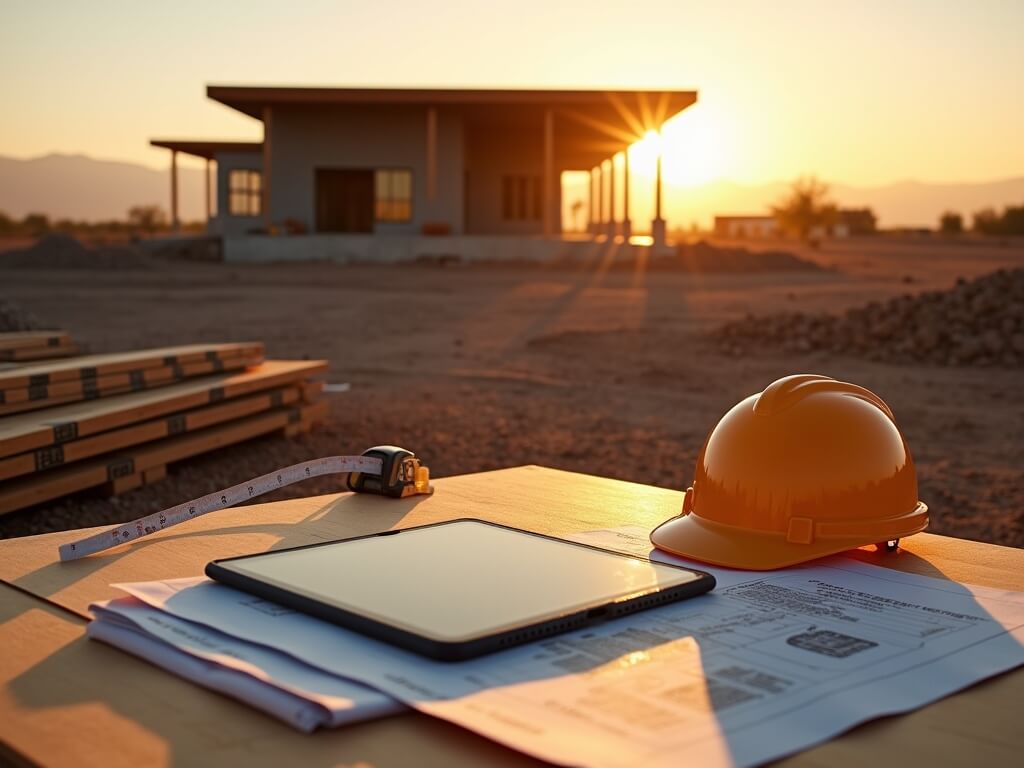 Sunrise over active construction site in Mesa, Arizona, highlighting a rugged iPad used for time entries amid construction tools and a partially constructed building.