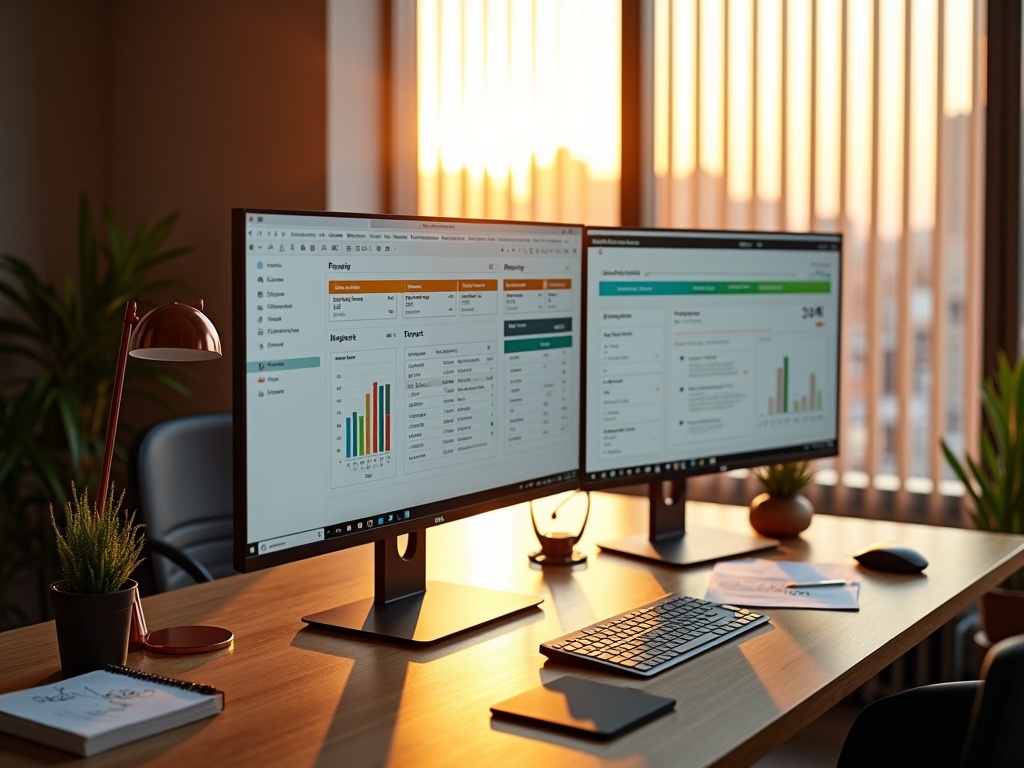Modern accountant's office in downtown Phoenix featuring two monitors running QuickBooks and Ajera, financial reports, a notepad, succulent, and desk lamp, with sunlight casting shadows on the woodgrain desk and a blurred Phoenix skyline in the background.