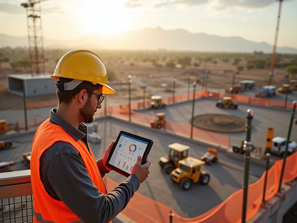 Foreman in yellow hard hat using a tablet at a busy construction site in Tempe, Arizona at sunrise, with South Mountain in the distance.
