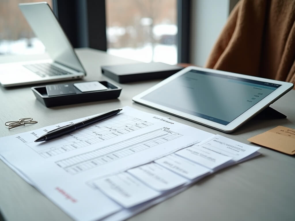 Close-up of a tidy workstation with a bank statement, tablet showing an abstract transaction list, and a grid of blank receipts for matching, plus paper clips, pen, and tray with reversed credit cards; soft winter light, blurred laptop behind.
