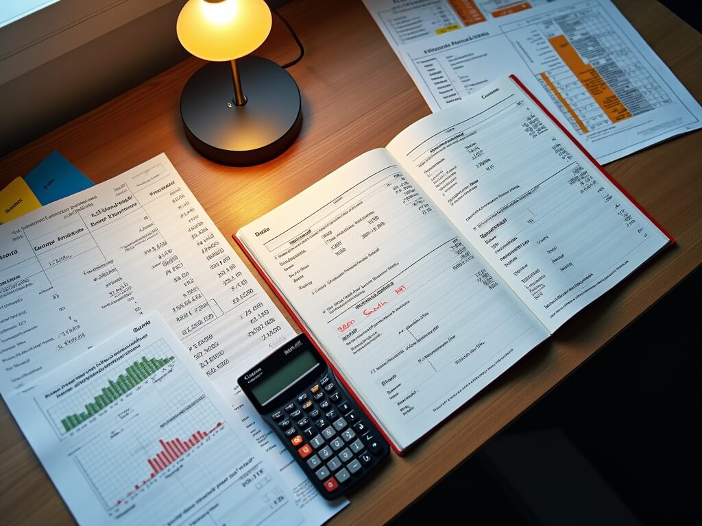 Overhead photo of an engineering firm accounting desk with open project ledger, BA II Plus calculator, timesheets, Gantt chart, construction drawings, invoices, and labeled folders under warm side lighting.