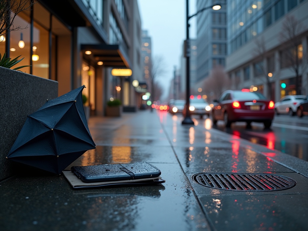 Rainy downtown Seattle street scene with reflections on wet pavement, a glass office building in mist, and a close-up of an umbrella, leather folio, and water-speckled phone by a storm drain under mixed street and lobby light.