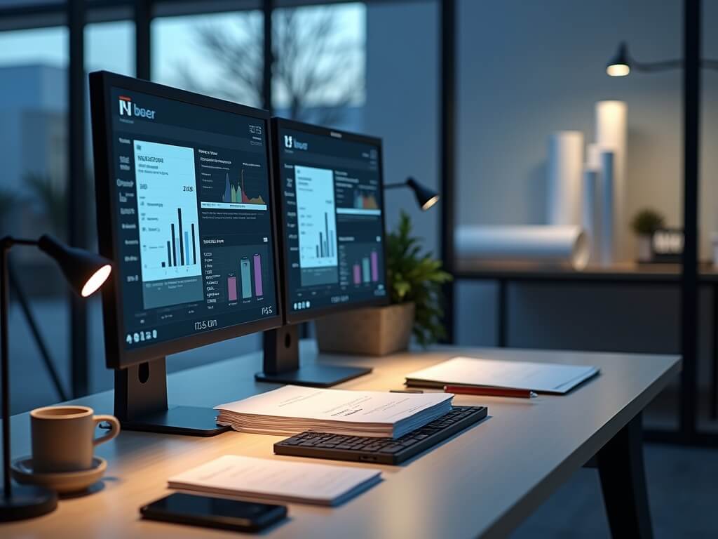 Organized architecture office desk at dusk with dual monitors showing abstract charts, stacked invoices, folders, notebook, and phone; glass wall behind reveals blurred project area with drawings and model table under cool ambient and desk lamp light.