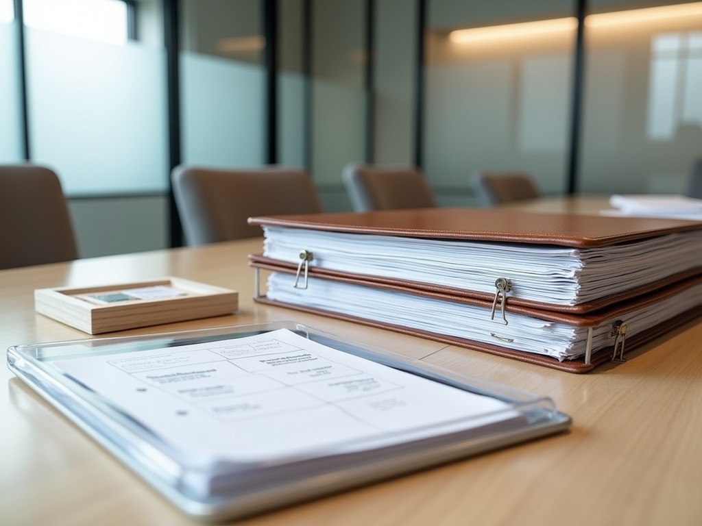 Organized conference room tabletop with leather binder, stacked clipped construction draw documents, color-coded folders, tablet with blurred checklist, plastic sleeve of itemized pages, basswood building model, and neatly arranged scanned receipts under bright daylight.
