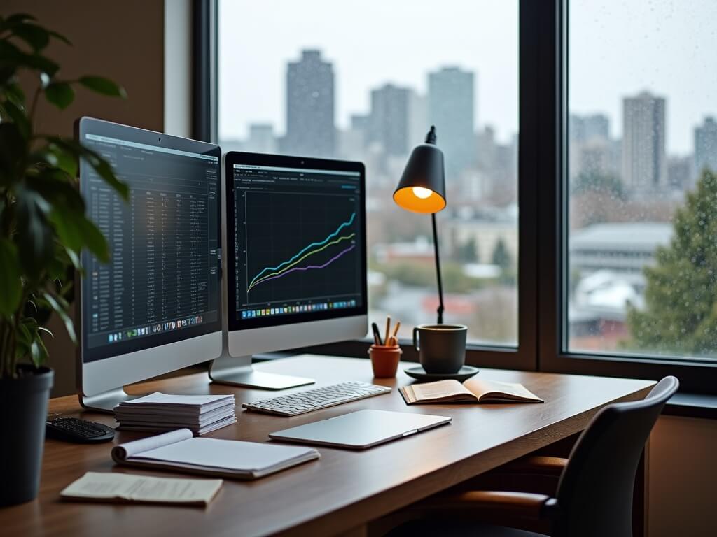 Photorealistic Seattle home-office bookkeeping desk with laptop and monitor showing blurred spreadsheets, organized receipts, calculator and notebook, warm desk lamp and rainy window with soft evergreen trees and distant skyline, calm and tidy.